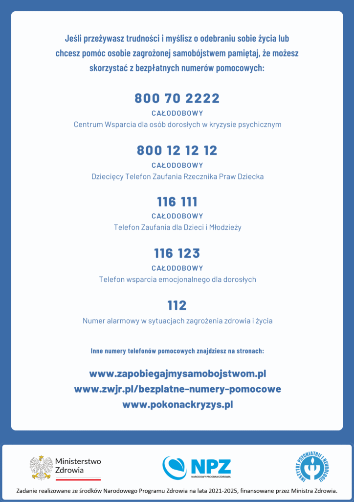 Grafika informacyjna Ministerstwa Zdrowia zawierająca numery bezpłatnych telefonów pomocowych dla osób w kryzysie psychicznym lub zagrożonych samobójstwem:

800 70 2222 – całodobowe Centrum Wsparcia dla osób dorosłych w kryzysie psychicznym,

800 12 12 12 – całodobowy Dziecięcy Telefon Zaufania Rzecznika Praw Dziecka,

116 111 – całodobowy Telefon Zaufania dla Dzieci i Młodzieży,

116 123 – całodobowy Telefon wsparcia emocjonalnego dla dorosłych,

112 – numer alarmowy w sytuacjach zagrożenia zdrowia i życia.

Na dole grafiki znajdują się adresy stron internetowych z dodatkowymi numerami pomocowymi:
www.zapobiegajmysamobojstwom.pl
, www.zwjr.pl/bezplatne-numery-pomocowe
, www.pokonackryzys.pl
.

Grafika zawiera logotypy: Ministerstwo Zdrowia, Narodowy Program Zdrowia (NPZ) oraz Instytut Psychiatrii i Neurologii.